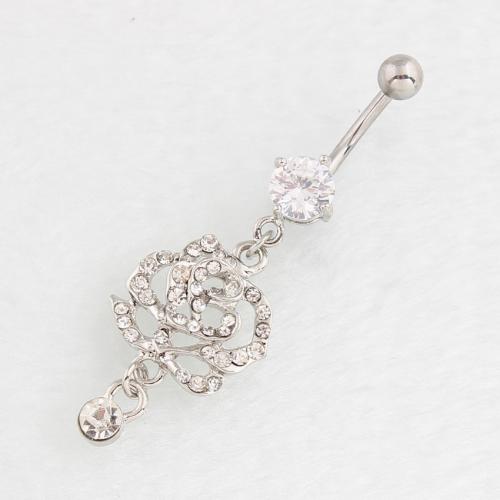Stainless Steel Belly Ring, 316 Stainless Steel, with Tibetan Style, Rose, silver color plated, fashion jewelry & for woman & with rhinestone & hollow, more colors for choice, Sold By PC