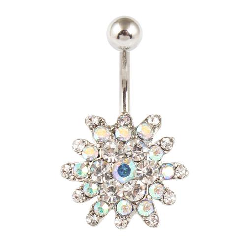 Stainless Steel Belly Ring, 316 Stainless Steel, with Tibetan Style, Flower, silver color plated, fashion jewelry & Unisex & with rhinestone, mixed colors, 1.60x10mm, Sold By PC