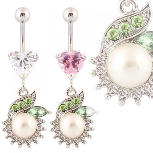 Stainless Steel Belly Ring, 316 Stainless Steel, with Plastic Pearl & Tibetan Style, Flower, silver color plated, fashion jewelry & for woman & with rhinestone, more colors for choice, Sold By PC