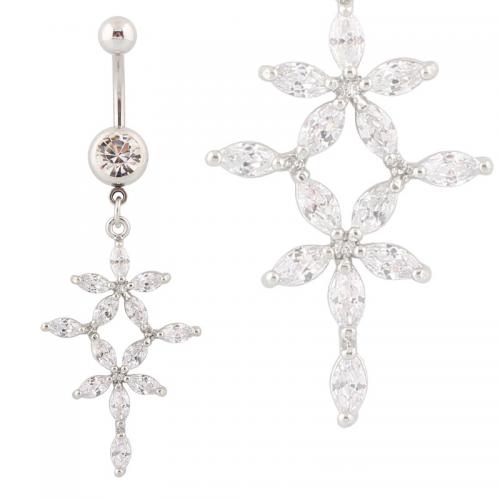 Stainless Steel Belly Ring 316 Stainless Steel with Cubic Zirconia & Zinc Alloy Flower silver color plated fashion jewelry & for woman clear Sold By PC