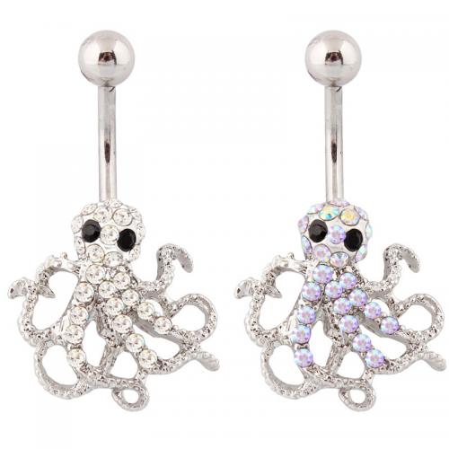 Stainless Steel Belly Ring, 316 Stainless Steel, with Tibetan Style, Octopus, silver color plated, fashion jewelry & for woman & with rhinestone, more colors for choice, Sold By PC