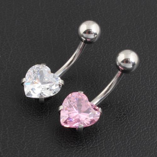Stainless Steel Belly Ring, 316 Stainless Steel, with Cubic Zirconia & Tibetan Style, Heart, silver color plated, fashion jewelry & for woman, more colors for choice, Sold By PC