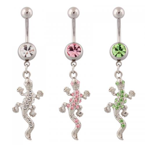 Stainless Steel Belly Ring, 316 Stainless Steel, with Tibetan Style, Gecko, silver color plated, fashion jewelry & for woman & with rhinestone, more colors for choice, Sold By PC
