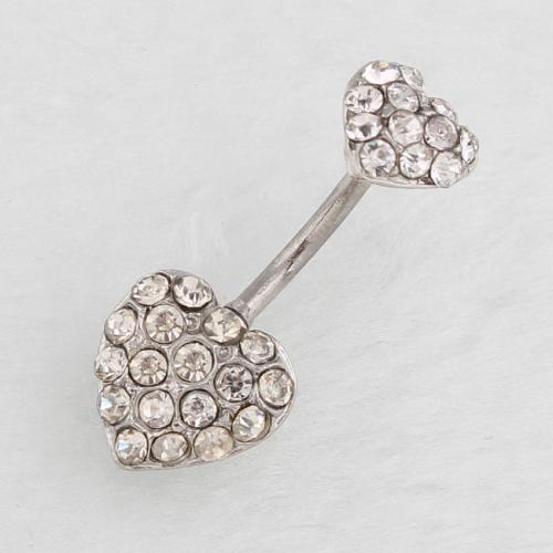 Stainless Steel Belly Ring, 316 Stainless Steel, with Tibetan Style, Heart, silver color plated, fashion jewelry & for woman & with rhinestone, more colors for choice, Sold By PC