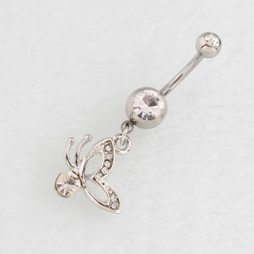 Stainless Steel Belly Ring, 316 Stainless Steel, with Tibetan Style, Butterfly, silver color plated, fashion jewelry & for woman & with rhinestone & hollow, more colors for choice, Sold By PC