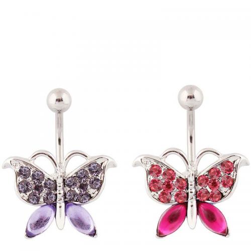 Stainless Steel Belly Ring, 316 Stainless Steel, with Crystal & Tibetan Style, Butterfly, silver color plated, fashion jewelry & for woman & with rhinestone, more colors for choice, Sold By PC