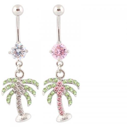 Stainless Steel Belly Ring 316 Stainless Steel with Zinc Alloy Palm Tree silver color plated fashion jewelry & for woman & with rhinestone Sold By PC
