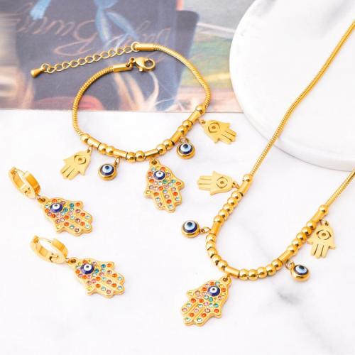 Evil Eye Jewelry Set Titanium Steel Vacuum Ion Plating & for woman & with rhinestone golden Sold By PC