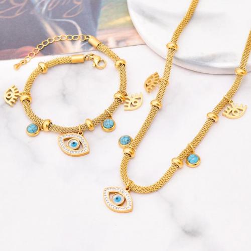 Evil Eye Jewelry Set, Titanium Steel, with turquoise, Vacuum Ion Plating, different styles for choice & for woman & with rhinestone, golden, Sold By PC