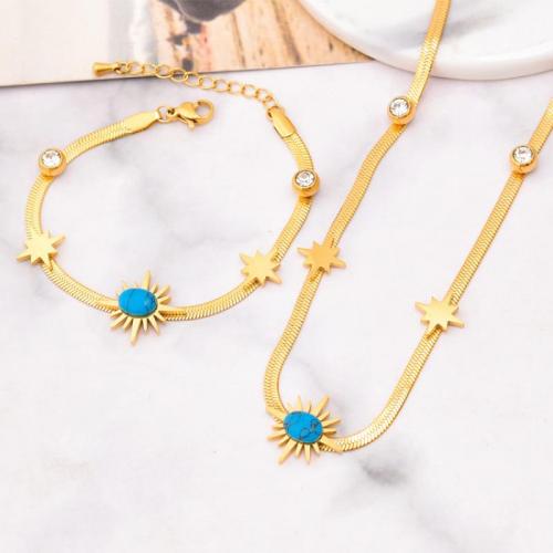 Jewelry Sets, Titanium Steel, with turquoise, Vacuum Ion Plating, different styles for choice & for woman & with rhinestone, golden, Sold By PC