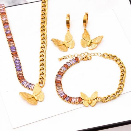 Jewelry Sets Titanium Steel Butterfly Vacuum Ion Plating & for woman & with rhinestone golden Sold By PC