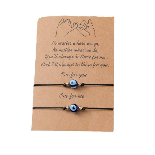 Bracelet Evil Eye bijoux, corde de cire, avec chalumeau, fait à la main, 2 pièces & bijoux de mode & motif de mauvais œil & réglable, noire, Longueur:Environ 16-30 cm, Vendu par paire