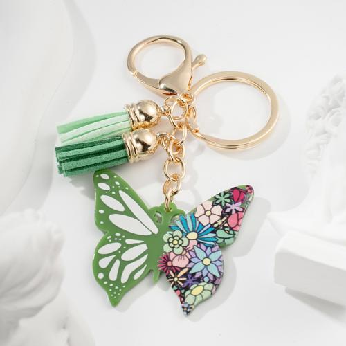 Zinc Alloy Key Clasp with PU Leather & Acrylic Butterfly printing multifunctional & for woman green nickel lead & cadmium free Sold By PC