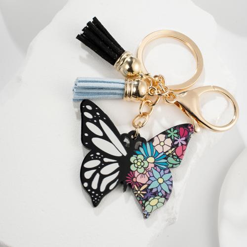 Tibetan Style Key Clasp, with PU Leather & Acrylic, Butterfly, printing, multifunctional & Unisex, nickel, lead & cadmium free, 90x55mm, Sold By PC