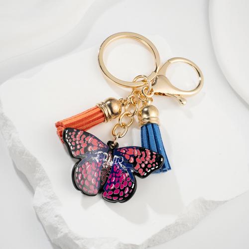 Tibetan Style Key Clasp, with PU Leather & Acrylic, Butterfly, printing, multifunctional & Unisex, nickel, lead & cadmium free, 88x58mm, Sold By PC
