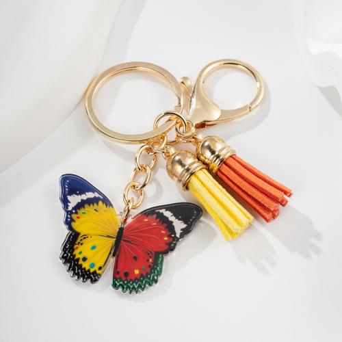 Tibetan Style Key Clasp, with PU Leather & Acrylic, Butterfly, printing, multifunctional & Unisex, nickel, lead & cadmium free, 79x70mm, Sold By PC