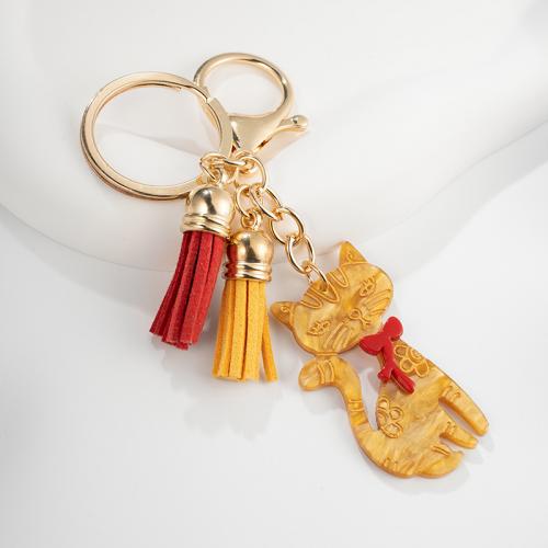 Tibetan Style Key Clasp, with PU Leather & Acrylic, Cat, multifunctional & Unisex, gold, nickel, lead & cadmium free, 95x58mm, Sold By PC