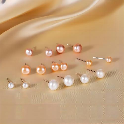 925 Sterling Silver Stud Earring, with Freshwater Pearl, for woman, 6mm, Sold By Pair