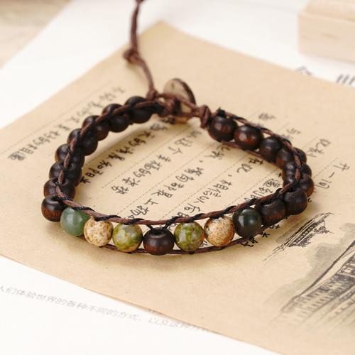 Gemstone Bracelets, Natural Stone, with Coco & Wax Cord & Wood, Adjustable & Unisex, mixed colors, Length:Approx 15.5 cm, Sold By PC