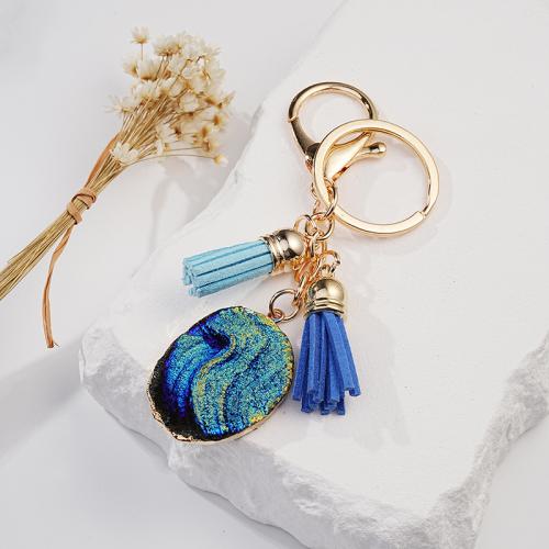 Tibetan Style Key Clasp, with PU Leather & Acrylic, printing, Unisex, blue, nickel, lead & cadmium free, 96x70mm, Sold By PC