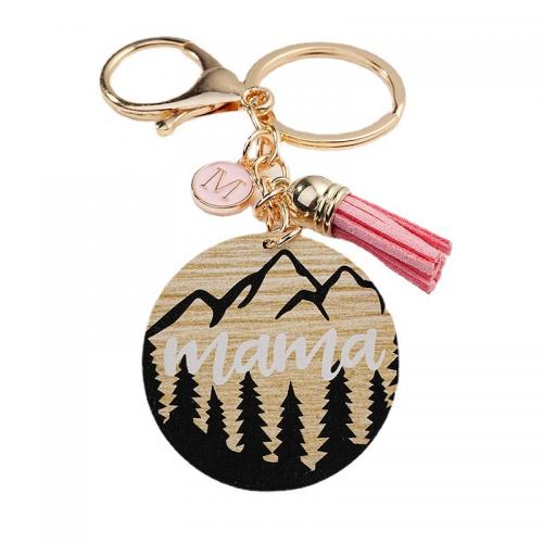 Zinc Alloy Key Clasp with PU Leather & Wood Round printing Unisex & enamel nickel lead & cadmium free Sold By PC