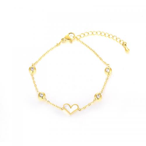 Stainless Steel Jewelry Bracelet, 304 Stainless Steel, with White Shell, fashion jewelry & for woman & with rhinestone, golden, nickel, lead & cadmium free, Length:Approx 200 mm, Sold By PC