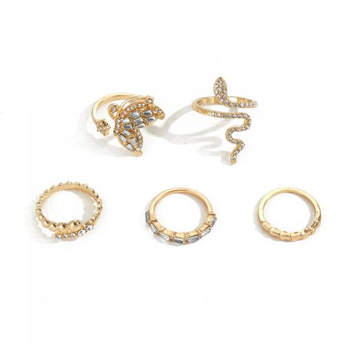 aleación de zinc Anillo Set, chapado en color dorado, 5 piezas & para mujer & con diamantes de imitación, tamaño:8-9, Vendido por Set