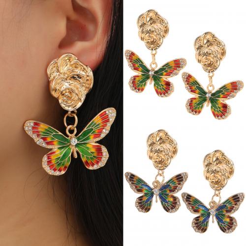 Zinc Alloy Drop Earrings Butterfly gold color plated fashion jewelry & for woman & enamel & with rhinestone nickel lead & cadmium free 45mm Sold By Pair