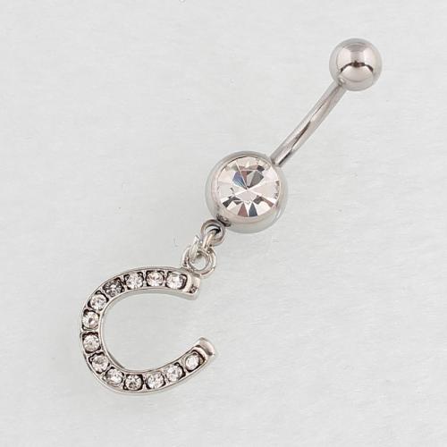 Stainless Steel Belly Ring, 316 Stainless Steel, with Tibetan Style, silver color plated, fashion jewelry & for woman & with rhinestone, more colors for choice, Sold By PC