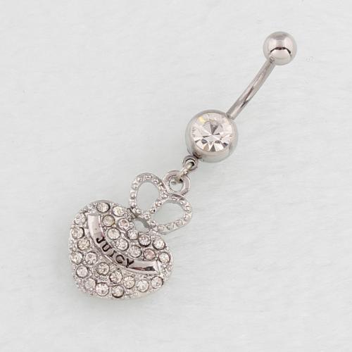 Stainless Steel Belly Ring 316 Stainless Steel with Zinc Alloy Heart silver color plated fashion jewelry & for woman & with rhinestone Sold By PC