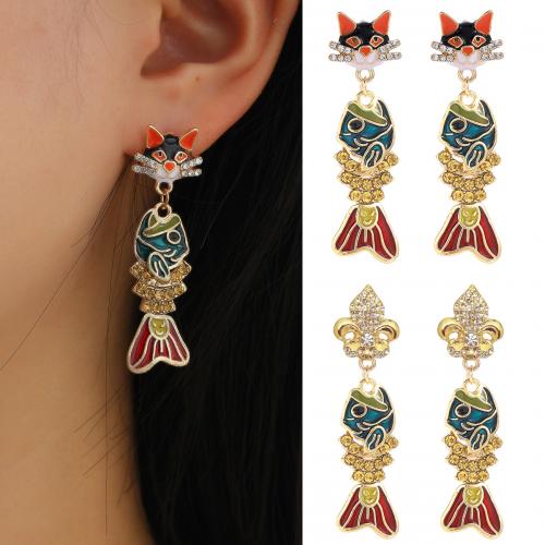 Zinc Alloy Drop Earrings Fish gold color plated fashion jewelry & for woman & enamel & with rhinestone nickel lead & cadmium free Sold By Pair