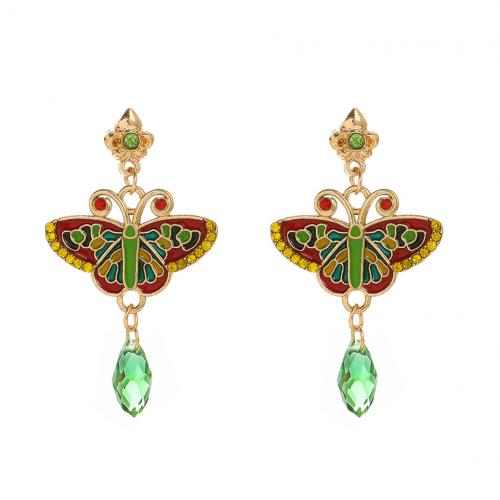 Zinc Alloy Drop Earrings with Crystal Butterfly gold color plated fashion jewelry & for woman & enamel & with rhinestone mixed colors nickel lead & cadmium free Sold By Pair