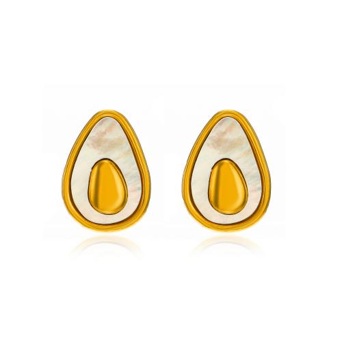 Boucle d'oreille de gaujon en acier inoxydable, Acier inoxydable 304, avec coquille blanche, Avocat, Plaqué or 18K, bijoux de mode & pour femme, doré, 8x12mm, Vendu par paire