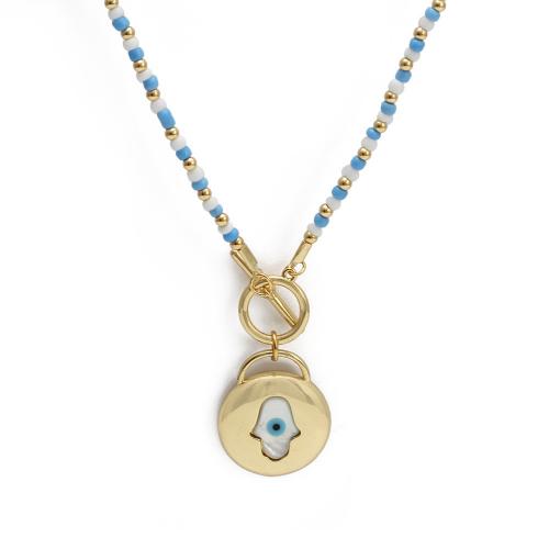 Evil Eye Jewelry Necklace, Brass, with Seedbead, gold color plated, fashion jewelry & evil eye pattern & for woman, mixed colors, nickel, lead & cadmium free, 23x27mm, Length:Approx 43 cm, Sold By PC