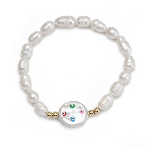 Bracelet Evil Eye bijoux, perle d'eau douce cultivée, avec laiton, Placage de couleur d'or, bijoux de mode & pour femme & émail, blanc, inner perimeter 180mm, Vendu par PC