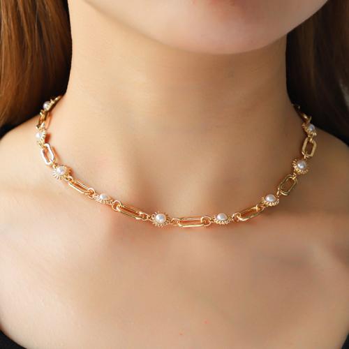Zinc Alloy Jewelry Necklace with Cubic Zirconia & Plastic Pearl with 5CM extender chain gold color plated & for woman nickel lead & cadmium free Sold By PC