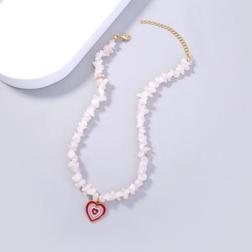 Brass Necklace, with Natural Stone, Heart, plated, fashion jewelry & for woman & enamel, pink, nickel, lead & cadmium free, Pendant:18x18mm, Length:Approx 38 cm, Sold By PC