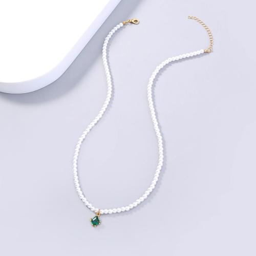 Messing Halskette, mit Kunststoff Perlen, plattiert, Modeschmuck & Micro pave Zirkonia & für Frau, frei von Nickel, Blei & Kadmium, Pendant:9x8mm, Länge:ca. 43 cm, verkauft von PC