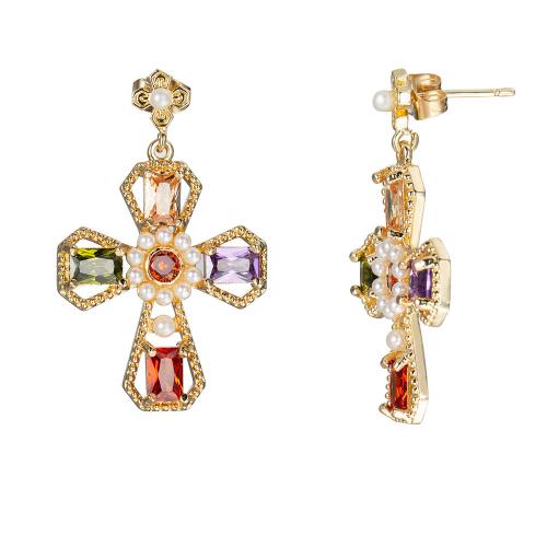Brass Drop Earring, with Plastic Pearl, Cross, gold color plated, micro pave cubic zirconia & for woman & hollow, 30x40mm, Sold By Pair