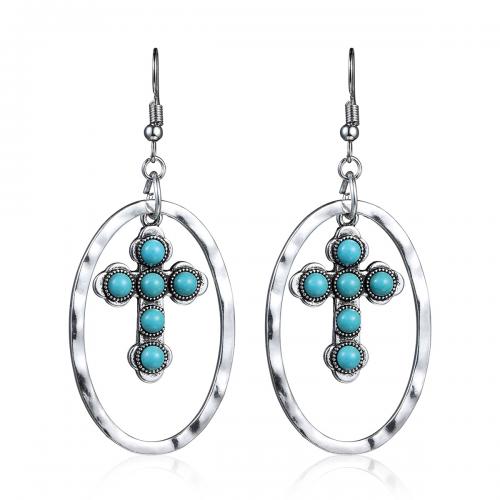Zinc Alloy Drop Earring with turquoise Cross antique silver color plated for woman & hollow Sold By Pair