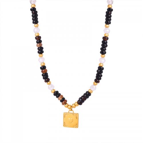 Titanium Steel Necklace, with Tiger Eye & Black Agate, with 1.97inch extender chain, 18K gold plated, fashion jewelry & for woman, nickel, lead & cadmium free, Length:Approx 15.74 Inch, Sold By PC