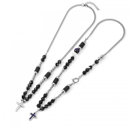 Titanium Steel Necklace, with Black Agate, Cross, Unisex & different styles for choice & with rhinestone, more colors for choice, Length:55 cm, Sold By PC