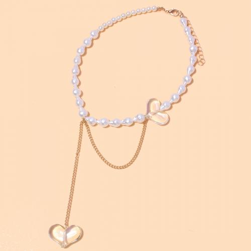 Zinc Alloy smykker halskæde, med Plastic Pearl & Akryl, med 7cm extender kæde, forgyldt, mode smykker & for kvinde, hvid, nikkel, bly & cadmium fri, Længde Ca. 38 cm, Solgt af PC