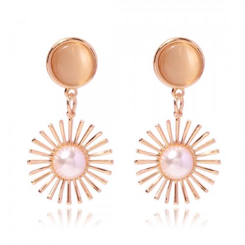 Tibetan Style Stud Earring, with Plastic Pearl, Flower, fashion jewelry & for woman, gold, nickel, lead & cadmium free, 50x25mm, Sold By Pair