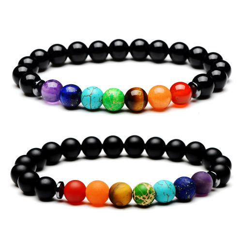Black Agate Bracelet, with Gemstone, Round, Unisex & different styles for choice, beads length 8mm, Length:Approx 7 Inch, Sold By PC