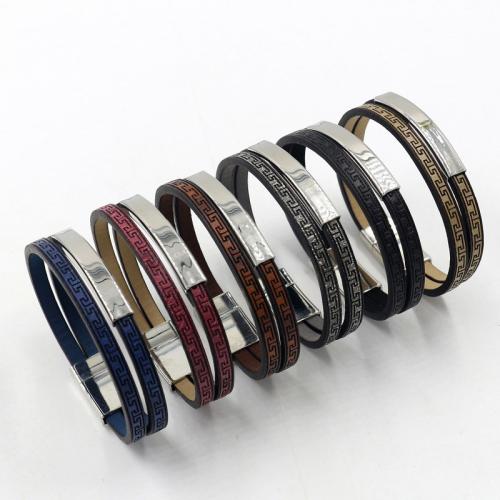 PU Leather Cord Bracelets with Magnet & 304 Stainless Steel & Zinc Alloy Rectangle silver color plated Double Layer & fashion jewelry & Unisex Length Approx 21 cm Sold By PC