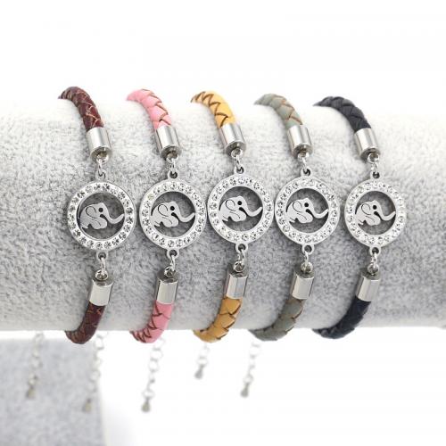 Cowhide Bracelet, with Titanium Steel, with 6.5cm extender chain, Flat Round, fashion jewelry & Unisex & with rhinestone & hollow, more colors for choice, 4mm, Length:Approx 16.5 cm, Sold By PC