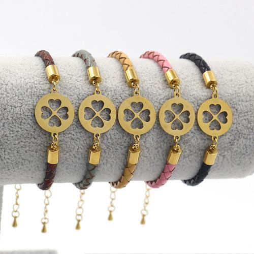 Cowhide Bracelet with Titanium Steel with 7cm extender chain Flat Round Vacuum Ion Plating fashion jewelry & Unisex & hollow 4mm Length Approx 18 cm Sold By PC