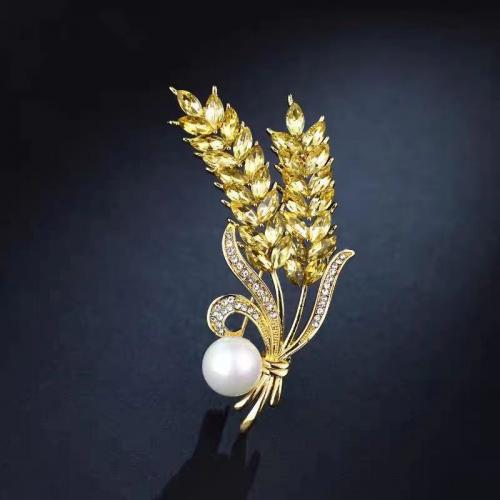 Tibetan Style Brooches, with Plastic Pearl, Wheat, plated, for woman & with rhinestone, more colors for choice, nickel, lead & cadmium free, 30x60mm, Approx 10PCs/Lot, Sold By Lot