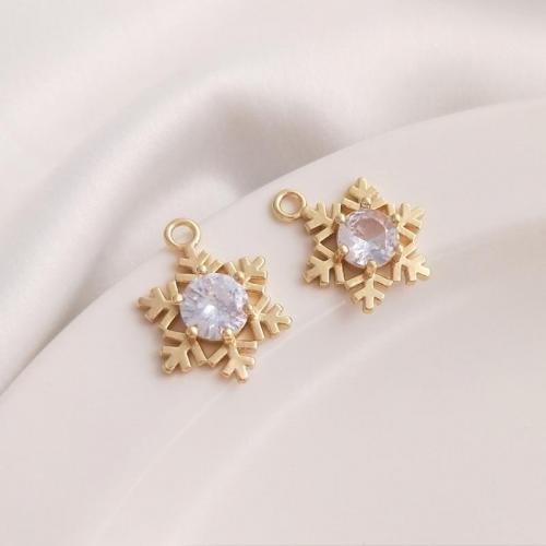 Cubic Zirconia Brass Pendants with Cubic Zirconia Snowflake gold color plated DIY nickel lead & cadmium free 14mm Sold By PC
